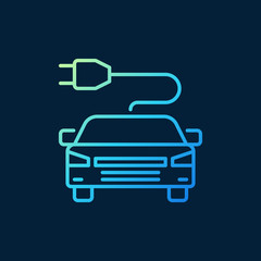 Modern electric car with plug vector colored icon or sign in outline style on dark background