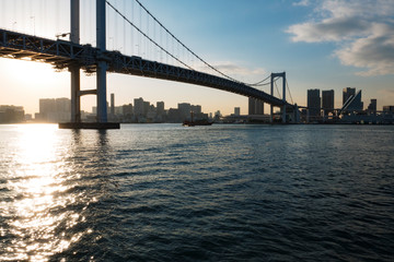 Beautiful Sunset View of Tokyo Skyline and Bridge