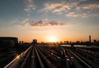 Sunset seen from Automatic train in Tokyo, Japan