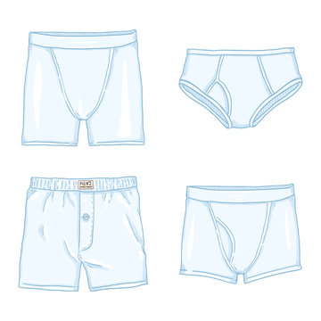 Vector Set of Cartoon White Mens Pants. Male Underwear.