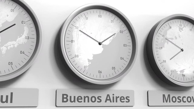 Clock shows Buenos Aires, Argentina time among different timezones. Conceptual 3D animation