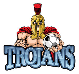 A Spartan or Trojan warrior Soccer Football sports mascot holding a ball