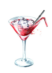 Cosmopolitan cocktail with ice cubes. Watercolor hand drawn illustration isolated on white background