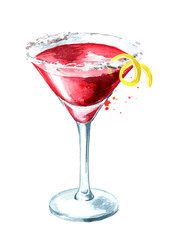 Cosmopolitan cocktail with lemon zest. Watercolor hand drawn illustration isolated on white background