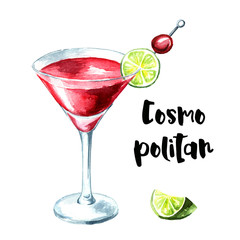Cosmopolitan cocktail with lime and cocktail cherry. Watercolor hand drawn illustration  isolated on white background