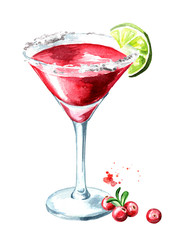 Cosmopolitan cocktail with lime and cranberry. Watercolor hand drawn illustration  isolated on white background
