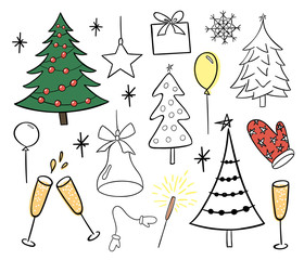 New Year and Christmass doodle set, hand drawn  black outline icons for holiday design