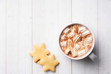 Christmas composition. Hot chocolate and cookies. Christmas, winter concept. Flat lay, top view