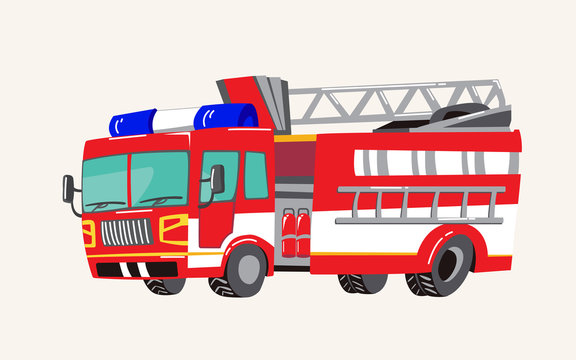 Funny cute hand drawn cartoon vehicles. Bright cartoon fire truck, fire  engine, Vector illustration Stock Vector | Adobe Stock