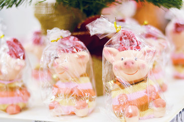 Christmas pigs 2019 in a package. Symbol of the year pig