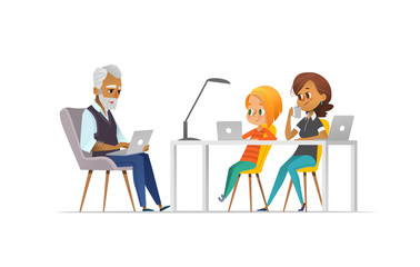 Family of programmers. Happy girl and parents coding together. Freelance family concept. Coding with kids concept. Vector illustration for website, advertisement, poster