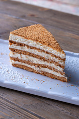 Delicious honey cake on white plate