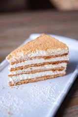 Delicious honey cake on white plate