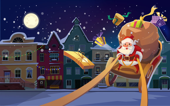 Christmas Card. Christmas background with Santa driving his sleigh and gives presents and gifts. Winter night city in the background. and copyspace for the text