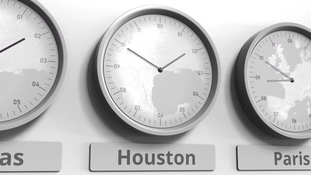 Focus on the clock showing Houston, USA time. Conceptual 3D animation