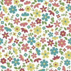 Tiny colorful flowers and leaves on white background seamless vector pattern