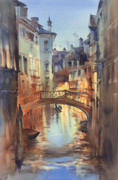 Venetian night lights watercolor landscape. A canal with gondolas under the bridge