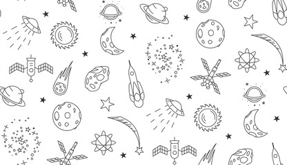 Space doodle seamless pattern. Outline space elements stars planets spaceships