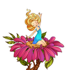 Thumbelina, fairy tale character sitting on the flower. Vector illustration.