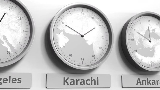 Round clock showing Karachi, Pakistan time within world time zones. Conceptual 3D animation