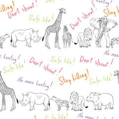Wektor wzór stylu szkic ciągnione. Afrykański wzór zwierzęcy z napisem dla tkanin, tkanin, modnych ubrań. Ilustracja zwierząt na białym tle - 238017605