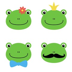 Cute green frog with flower, crown, bow, mustache cartoon character isolated on white background