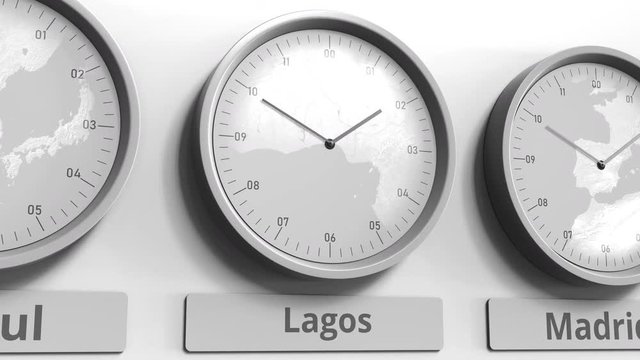 Focus on the clock showing Lagos, Nigeria time. Conceptual 3D animation