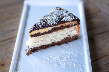 Coconut cake on white plate