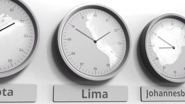 Clock shows Lima, Peru time among different timezones. Conceptual 3D animation