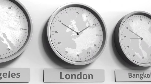 Clock shows London, United Kingdom time among different timezones. Conceptual 3D animation