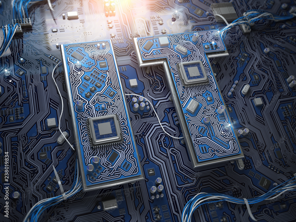 Poster Information Technology IT text in form of computer chips with CPU.