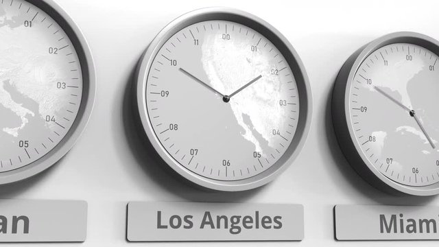Round clock showing Los Angeles, USA time within world time zones. Conceptual 3D animation