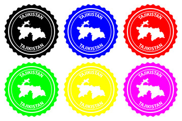 Tajikistan - rubber stamp - vector, Republic of Tajikistan map pattern - sticker - black, blue, green, yellow, purple and red