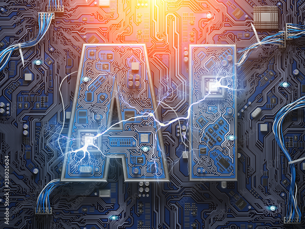 Poster AI, Artificial Intelligence. Computer chips with CPU in form of text AI.