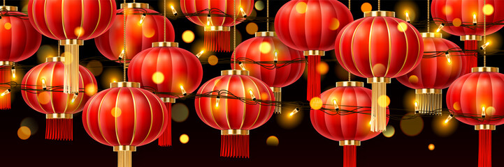 Garlands on chinese lanterns or china paper lamps with glowing, asian decoration with bokeh for new year holiday or traditional festive, hanging chaplet or shining festoon for holiday. Celebration