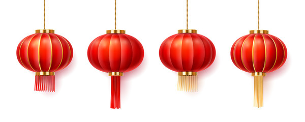 Set of isolated chinatown lanterns for new year or festival. Paper lamps for china or singapore, vietnam or taiwan, japanese, asia holiday celebration, buddhism temple. Asian decorations for wedding