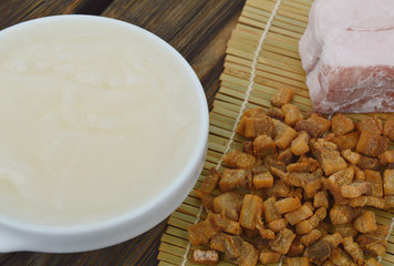 Products from  Pork lard.
Lard bacon and crackling on wooden background and bamboo background.