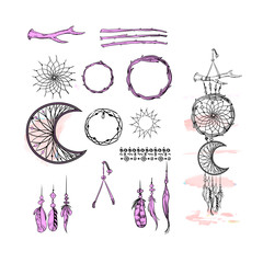 Set of Dreamcatcher. Design elements in Boho style isolated on white background. Native style. Tattoo design. Vector.