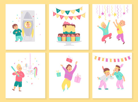 Vector collection of boys birthday party cards with bd cake, garlands, decor elements and happy kids characters. Flat cartoon style. Good for invitation, tags, posters etc.