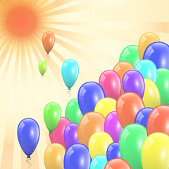 Composition of realistic flying colorful air balloons against the bright sun. Holiday decor element for your greeting card design. Vector illustration.