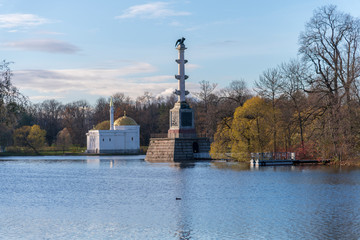 A autumn view of Chesme Column and Turkish Bath pavilion, Pushkin, St Petersburg