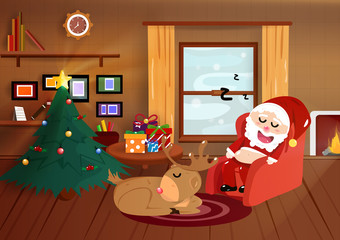Christmas, Santa Claus sleeping with reindeer in home, flat interior, good night poster, postcard, winter holiday season background vector illustration