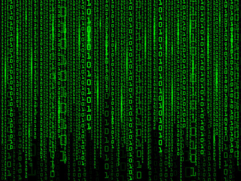 Digital background of green matrix on black backdrops. Binary computer code. Vector Illustration. 