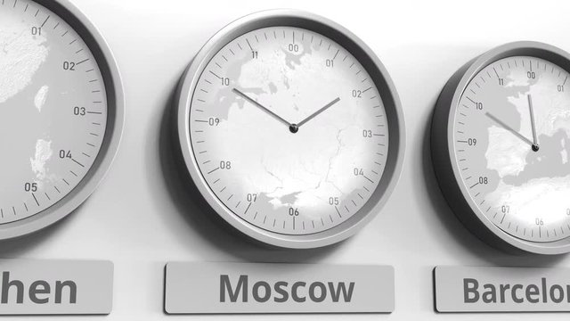 Round clock showing Moscow, Russia time within world time zones. Conceptual 3D animation