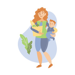 Cute young mom with a baby and shopping bag of products. Illustration isolated on white background. Concept of modern parenting and motherhood.