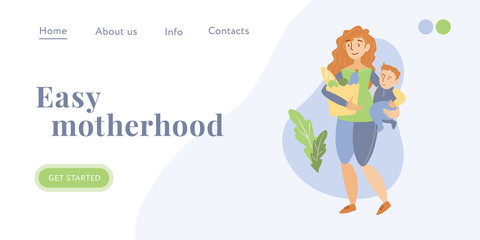 Cute young mom with a baby and shopping bag of products. Illustration isolated on white background. Concept of modern parenting and motherhood. Landing page template.
