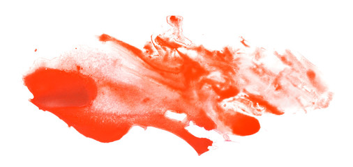 red watercolor stain with paper texture on white background isolated. hand drawing.