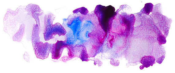 Blue purple watercolor stain multicolored blotches tides of paint, with paper texture on white background isolated water stains with paint