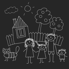 Happy family with house. Kids drawing style vector illustration isolated on blackboard background. Mother, father, sister, brother.