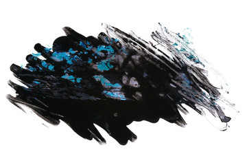Blue black paint stain on white background isolated. hand drawing. colorful blots